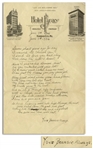 Moe Howard 1932 Autograph Poem Signed Beansie to His Wife on Their 7th Wedding Anniversary -- Measures 5.75 x 9.25 on Hotel Bray Stationery From Kansas City -- Very Good